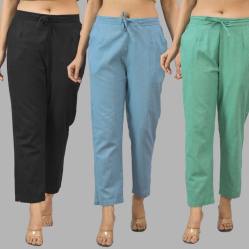 Combo of 3 Women Trouser Pants Cotton Flax Black Sky Blue and Green-11568