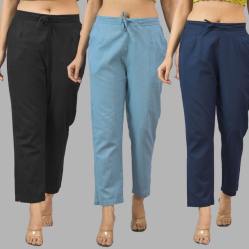 Combo of 3 Women Trouser Pants Cotton Flax Black Sky Blue and Navy Blue-11567