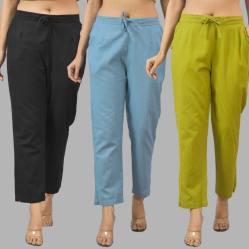 Combo of 3 Women Trouser Pants Cotton Flax Black Sky Blue and Olive Green-11570