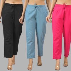 Combo of 3 Women Trouser Pants Cotton Flax Black Sky Blue and Pink-11564