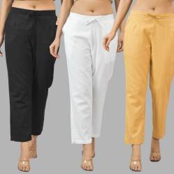 Combo of 3 Women Trouser Pants Cotton Flax Black White and Beige-11538