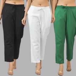 Combo of 3 Women Trouser Pants Cotton Flax Black White and Bottle Green-11544