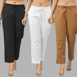 Combo of 3 Women Trouser Pants Cotton Flax Black White and Brown-11539
