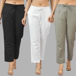 Combo of 3 Women Trouser Pants Cotton Flax Black White and Gray-11542