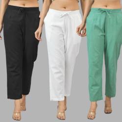 Combo of 3 Women Trouser Pants Cotton Flax Black White and Green-11541