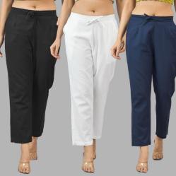 Combo of 3 Women Trouser Pants Cotton Flax Black White and Navy Blue-11540