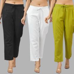 Combo of 3 Women Trouser Pants Cotton Flax Black White and Olive Green-11543