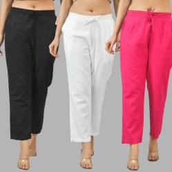 Combo of 3 Women Trouser Pants Cotton Flax Black White and Pink-11537