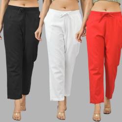 Combo of 3 Women Trouser Pants Cotton Flax Black White and Red-11534