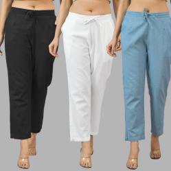 Combo of 3 Women Trouser Pants Cotton Flax Black White and Sky Blue-11536