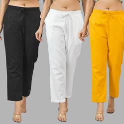 Combo of 3 Women Trouser Pants Cotton Flax Black White and Yellow-11535