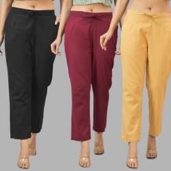 Combo of 3 Women Trouser Pants Cotton Flax Black Wine and Beige-11527