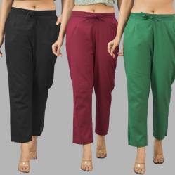Combo of 3 Women Trouser Pants Cotton Flax Black Wine and Bottle Green-11533