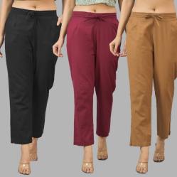Combo of 3 Women Trouser Pants Cotton Flax Black Wine and Brown-11528