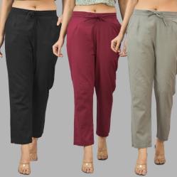 Combo of 3 Women Trouser Pants Cotton Flax Black Wine and Gray-11531