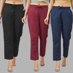 Combo of 3 Women Trouser Pants Cotton Flax Black Wine and Navy Blue-11529