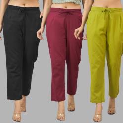 Combo of 3 Women Trouser Pants Cotton Flax Black Wine and Olive Green-11532