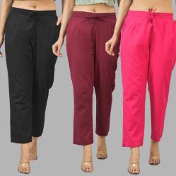 Combo of 3 Women Trouser Pants Cotton Flax Black Wine and Pink-11526