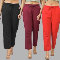Combo of 3 Women Trouser Pants Cotton Flax Black Wine and Red-11523