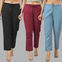 Combo of 3 Women Trouser Pants Cotton Flax Black Wine and Sky Blue-11525