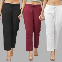 Combo of 3 Women Trouser Pants Cotton Flax Black Wine and White-11522
