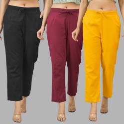Combo of 3 Women Trouser Pants Cotton Flax Black Wine and Yellow-11524