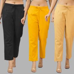 Combo of 3 Women Trouser Pants Cotton Flax Black Yellow and Beige-11557