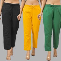 Combo of 3 Women Trouser Pants Cotton Flax Black Yellow and Bottle Green-11563