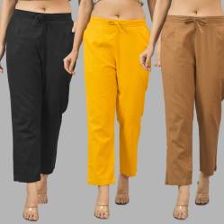Combo of 3 Women Trouser Pants Cotton Flax Black Yellow and Brown-11558