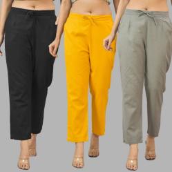 Combo of 3 Women Trouser Pants Cotton Flax Black Yellow and Gray-11561