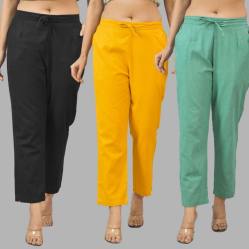 Combo of 3 Women Trouser Pants Cotton Flax Black Yellow and Green-11560