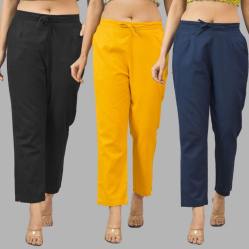 Combo of 3 Women Trouser Pants Cotton Flax Black Yellow and Navy Blue-11559