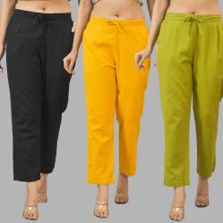 Combo of 3 Women Trouser Pants Cotton Flax Black Yellow and Olive Green-11562