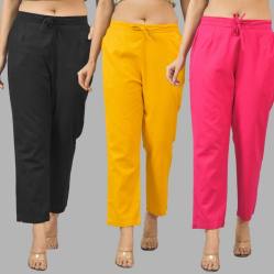 Combo of 3 Women Trouser Pants Cotton Flax Black Yellow and Pink-11556