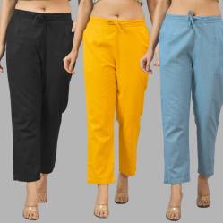Combo of 3 Women Trouser Pants Cotton Flax Black Yellow and Sky Blue-11555
