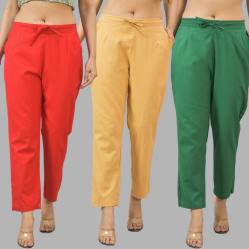 Combo of 3 Women Trouser Pants Cotton Flax Red Beige and Bottle Green-11750