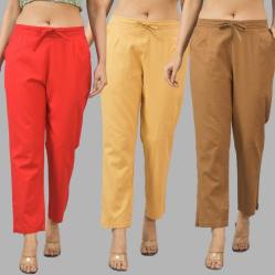 Combo of 3 Women Trouser Pants Cotton Flax Red Beige and Brown-11745