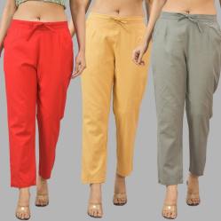 Combo of 3 Women Trouser Pants Cotton Flax Red Beige and Gray-11748