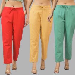 Combo of 3 Women Trouser Pants Cotton Flax Red Beige and Green-11747