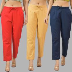 Combo of 3 Women Trouser Pants Cotton Flax Red Beige and Navy Blue-11746