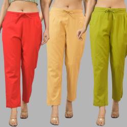 Combo of 3 Women Trouser Pants Cotton Flax Red Beige and Olive Green-11749