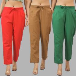 Combo of 3 Women Trouser Pants Cotton Flax Red Brown and Bottle Green-11755