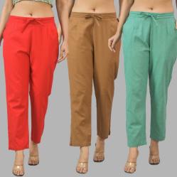 Combo of 3 Women Trouser Pants Cotton Flax Red Brown and Green-11752