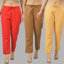 Combo of 3 Women Trouser Pants Cotton Flax Red Brown and Navy Blue-11751