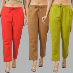 Combo of 3 Women Trouser Pants Cotton Flax Red Brown and Olive Green-11754