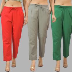Combo of 3 Women Trouser Pants Cotton Flax Red Gray and Bottle Green-11764