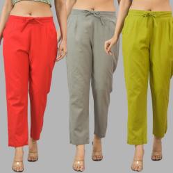 Combo of 3 Women Trouser Pants Cotton Flax Red Gray and Olive Green-11763
