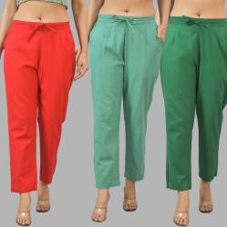 Combo of 3 Women Trouser Pants Cotton Flax Red Green and Bottle Green-11762