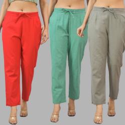 Combo of 3 Women Trouser Pants Cotton Flax Red Green and Gray-11760