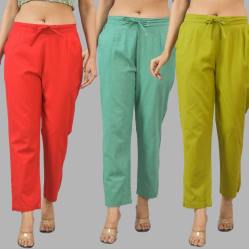 Combo of 3 Women Trouser Pants Cotton Flax Red Green and Olive Green-11761